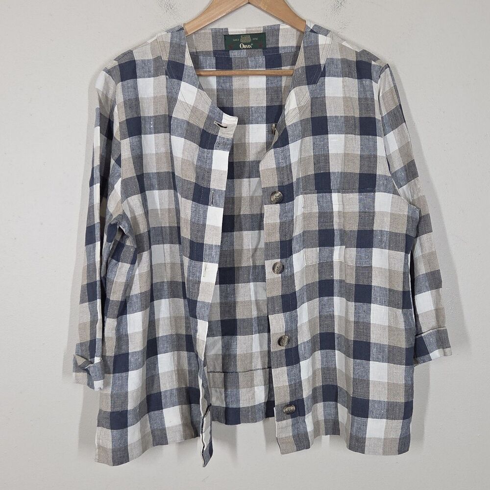 Orvis Navy Tan Plaid Linen Shacket Button Up 3/4 Sleeve Minimalist Boho Granola